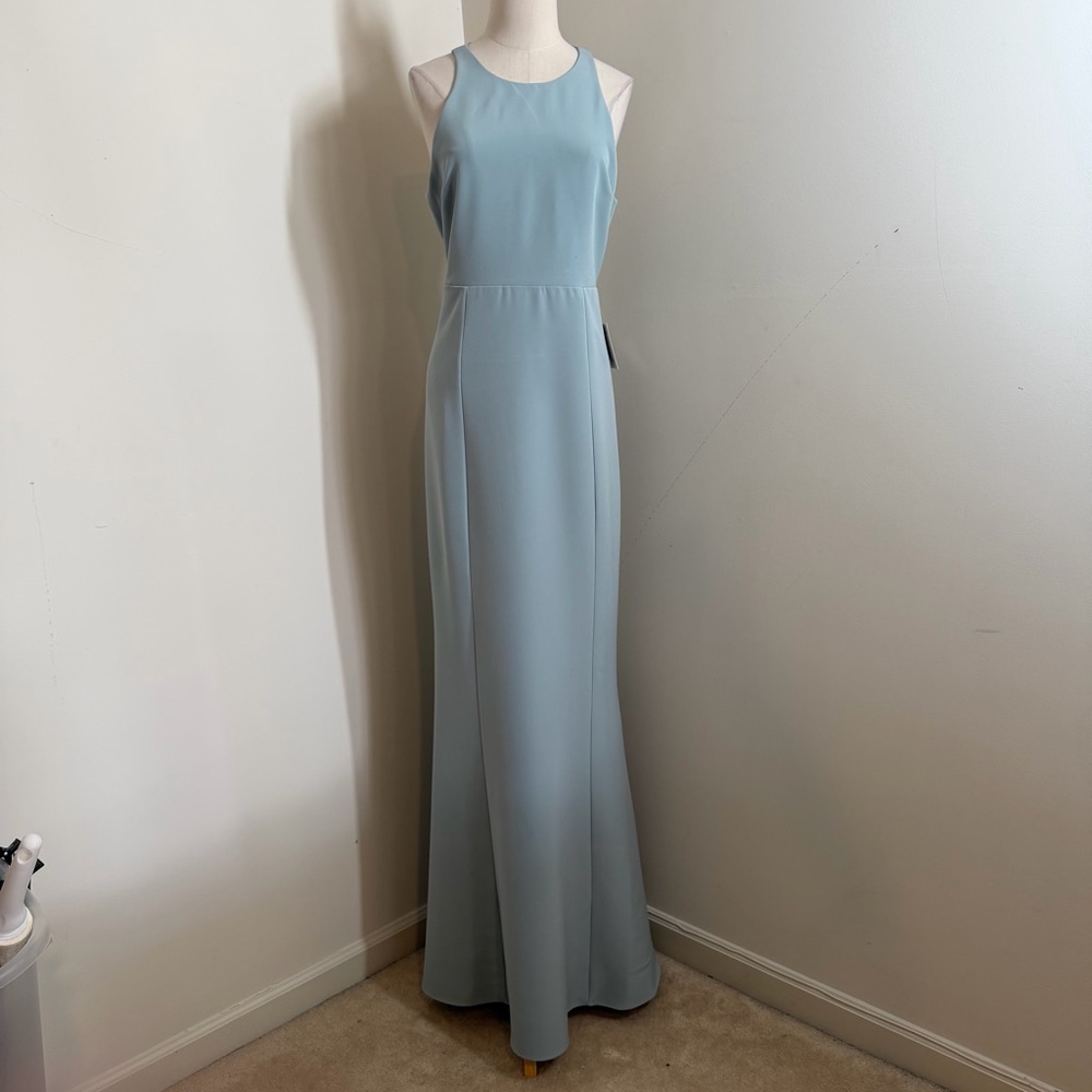 Show Me Your Mumu Chicago -SZ L- High Neck Silver Sage Stretch Crepe Maxi Dress